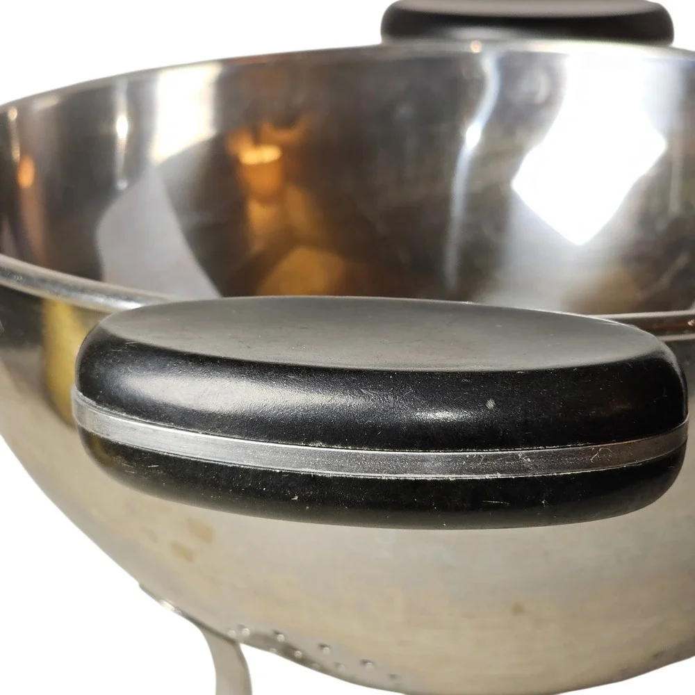 MCM 50s Vintage Stainless Steel Footed Colander Black Bakelite Handles Strainer